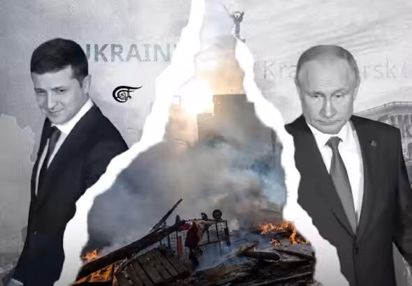 Photo composition: President Volodymyr Zelensky (left), President Vladimir Putin (right) and the destruction left by the war (middle). Photo: Batoul Chamas/Al Mayadeen English.