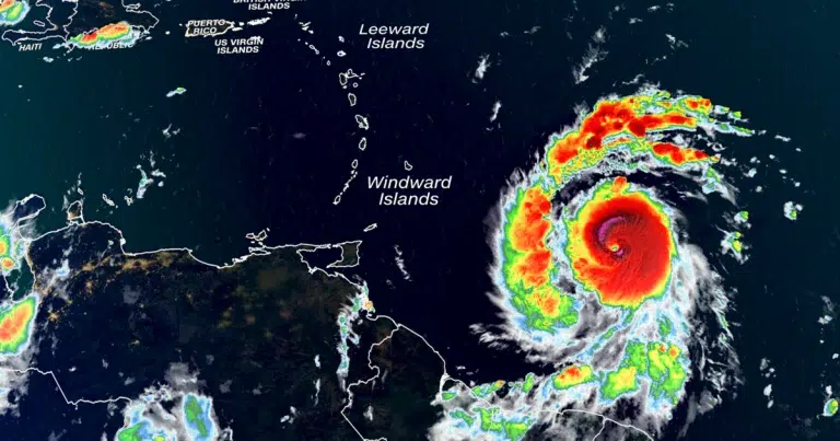 Satellite photo of the category 4 Hurricane Beryl along the coast of Suriname. Photo: CNN.