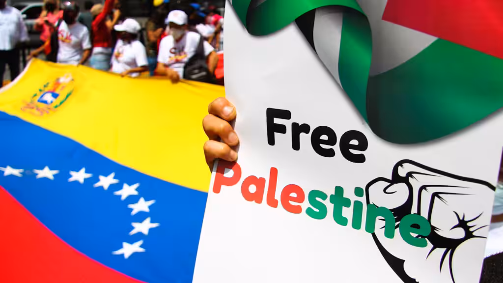 A woman holds a banner reading Free Palestine during a march in solidarity with the Palestinian people in Caracas, Venezuela. Javier Campos. Photo: AP.