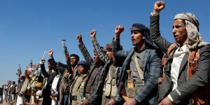 Yemeni fighters in a rally against US and UK strikes on military sites near Sanaa, Yemen, on January 14, 2024. Photo: AP.