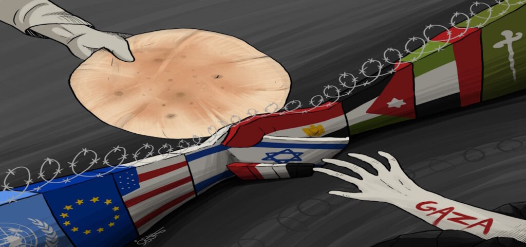 Cartoon depicting the alliance of Western and Gulf countries in building a wall to deny aid to the Palestinians in Gaza. Photo: Telegram/Kamal Sharf.