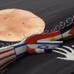 Cartoon depicting the alliance of Western and Gulf countries in building a wall to deny aid to the Palestinians in Gaza. Photo: Telegram/Kamal Sharf.