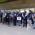 CNE President Elvis Amoroso giving statements to the press summarizing last Sunday's voting drill alongside the CNE's executive board. Caracas, on Monday, July 1, 2024. Photo: Con el Mazo Dando.