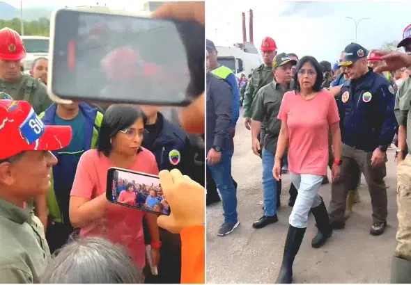 Venezuelan Vice President Delcy Rodríguez in Cumanacoa, Sucre state, which has been affected by Hurricane Beryl. A few minutes later part of the government emergency response command suffered an accident that injured her and the mayor of Cumanacoa. Photo: Maduradas.com.