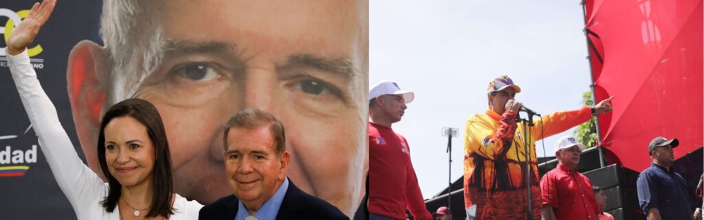 Venezuelan far-right opposition candidate Edmundo González Urrutia with far-right politician María Corina Machado (left) and Chavista candidate President Nicolás Maduro (right) during their electoral campaigns. Photo: Globovisión/Presidential Press.