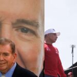 Venezuelan far-right opposition candidate Edmundo González Urrutia with far-right politician María Corina Machado (left) and Chavista candidate President Nicolás Maduro (right) during their electoral campaigns. Photo: Globovisión/Presidential Press.