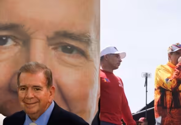 Venezuelan far-right opposition candidate Edmundo González Urrutia with far-right politician María Corina Machado (left) and Chavista candidate President Nicolás Maduro (right) during their electoral campaigns. Photo: Globovisión/Presidential Press.