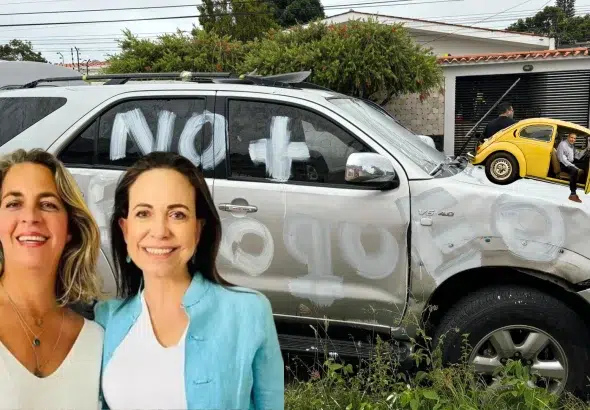 Photo composition showing one of María Corina Machado's campaign SUVs allegedly vandalized, with a photo (bottom lower corner) of Machado (right) next to Magalli Meda, and a miniature campaign photo of far-right candidate Edmundo González in a yellow Volkswagen Beetle going downhill. Photo: Orinoco Tribune.
