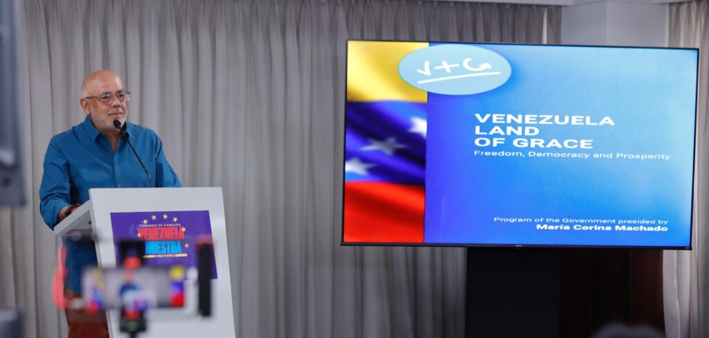 PSUV Deputy Jorge Rodriguez issuing statements to the press on Sunday, July 21, 2024. Photo: X/@luchaalmada.