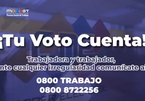 A banner spread by the Venezuelan Ministry for Labor informing the public about a hotline it launched to defend the right to vote of all workers. Photo: X/@AlexisJCorredor.