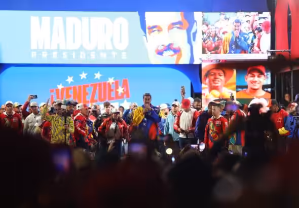 Re-elected Venezuelan President Nicolas Maduro celebrating is victory with a massive group of supporters at Miraflores Palace on Monday, July 29. Photo: X/@BTnewsroom.