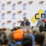 Venezuelan President Nicolás Maduro next to the National Electoral Council President Elvis Amoroso after the ceremony certifying of his victory in Sunday's presidential elections. Photo: X/@PresidencialVen.