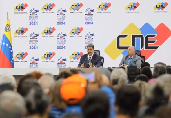 Venezuelan President Nicolás Maduro next to the National Electoral Council President Elvis Amoroso after the ceremony certifying of his victory in Sunday's presidential elections. Photo: X/@PresidencialVen.