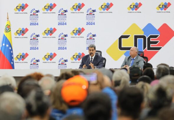Venezuelan President Nicolás Maduro next to the National Electoral Council President Elvis Amoroso after the ceremony certifying of his victory in Sunday's presidential elections. Photo: X/@PresidencialVen.