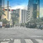 A contingent of Venezuelan National Guards deployed in Caracas' El Rosal neighborhood after neutralizing a group of street rioters. Some of the rioters can be seen arrested and seated (right). Photo: Orinoco Tribune.