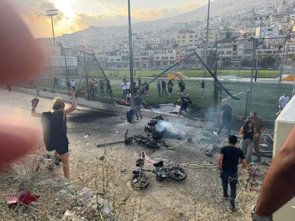 The site of the explosion in Majdal Shams, Occupied Golan Heights, July 27, 2024. Photo: Social media.