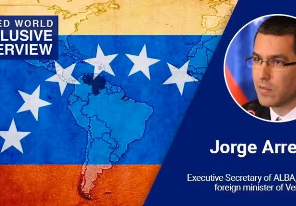Poster of Telesur’s interview with Jorge Arreaza, former Venezuelan foreign minister and current executive secretary of ALBA, Bolivarian Alliance for the Peoples of Our America – Peoples’ Trade Treaty. Photo: United World.