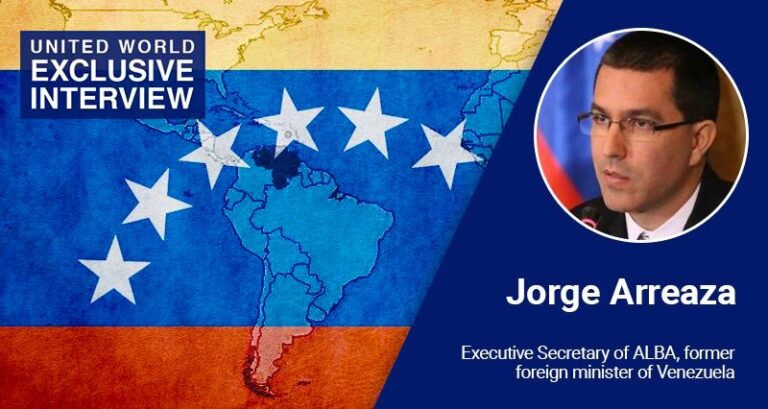 Poster of Telesur’s interview with Jorge Arreaza, former Venezuelan foreign minister and current executive secretary of ALBA, Bolivarian Alliance for the Peoples of Our America – Peoples’ Trade Treaty. Photo: United World.