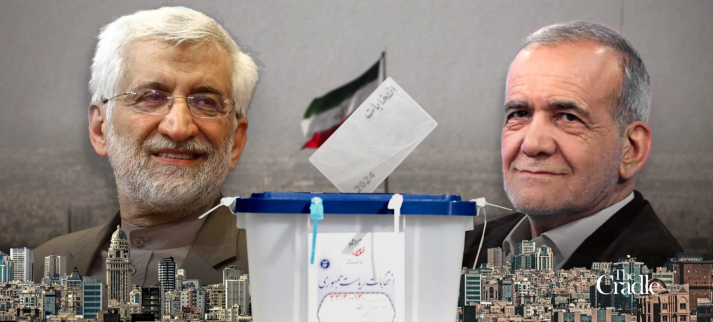 Graphic showing Iranian presidential candidates Saeed Jalili and Masoud Pezeshkian. Credit: The Cradle.