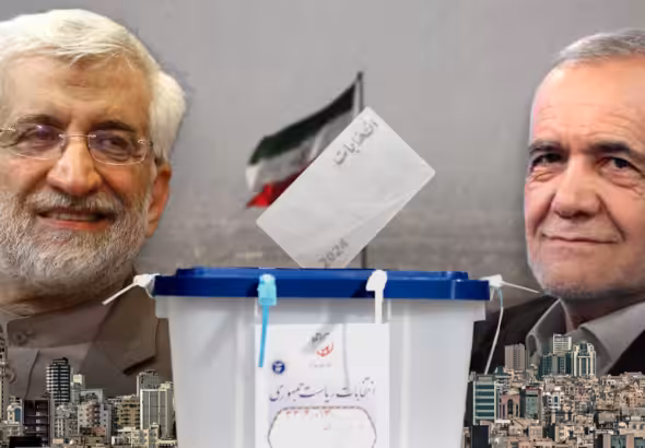 Graphic showing Iranian presidential candidates Saeed Jalili and Masoud Pezeshkian. Credit: The Cradle.