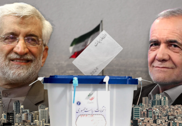 Graphic showing Iranian presidential candidates Saeed Jalili and Masoud Pezeshkian. Credit: The Cradle.