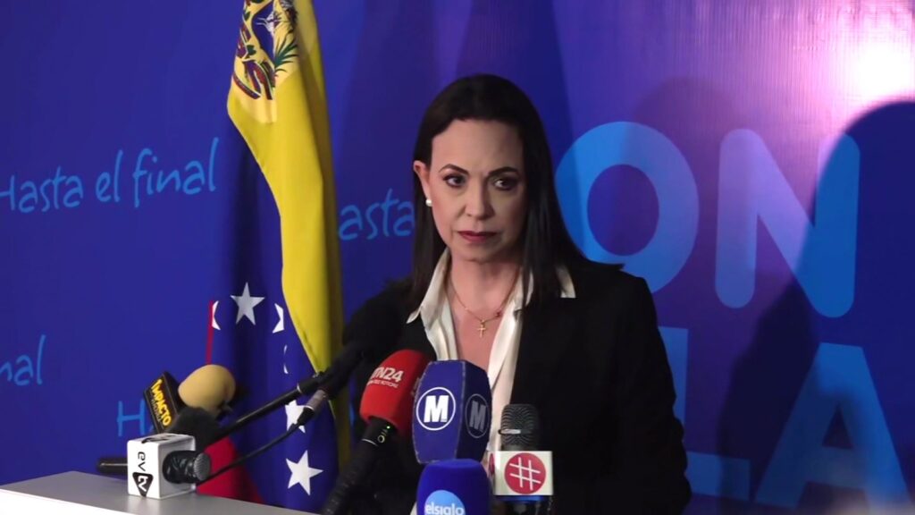 Venezuelan far-right politician María Corina Machado at a press conference. File photo.