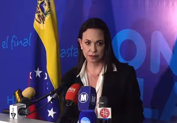 Venezuelan far-right politician María Corina Machado at a press conference. File photo.
