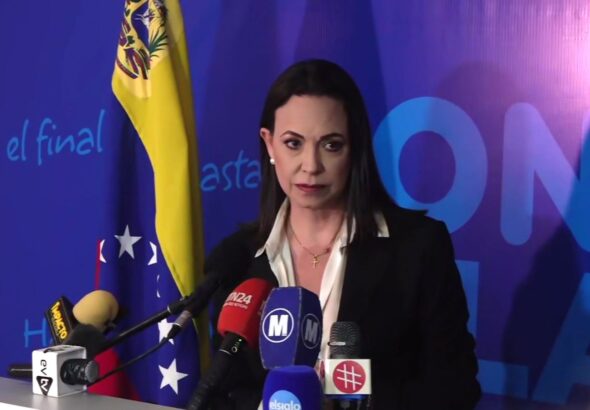 Venezuelan far-right politician María Corina Machado at a press conference. File photo.