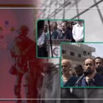 Collage of Palestinian doctors freed from Israeli regime prisons speaking to the press, with silhouettes of occupation soldiers in the background. Photo composition: PressTV.