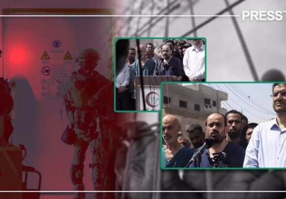 Collage of Palestinian doctors freed from Israeli regime prisons speaking to the press, with silhouettes of occupation soldiers in the background. Photo composition: PressTV.