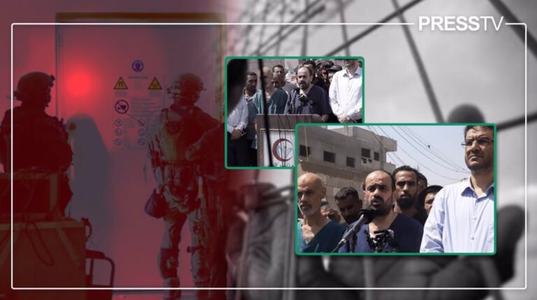 Collage of Palestinian doctors freed from Israeli regime prisons speaking to the press, with silhouettes of occupation soldiers in the background. Photo composition: PressTV.