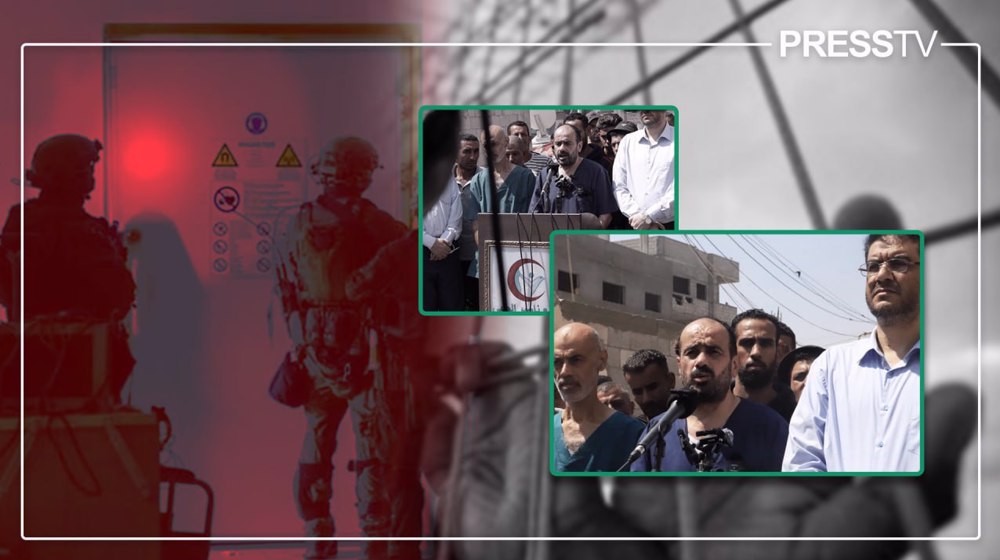 Collage of Palestinian doctors freed from Israeli regime prisons speaking to the press, with silhouettes of occupation soldiers in the background. Photo composition: PressTV.