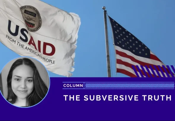 Flags of the USAID and the US (in the background) and the image of writer Andreína Chávez Alava (in front and below). Photo: Venezuelanalysis.com.