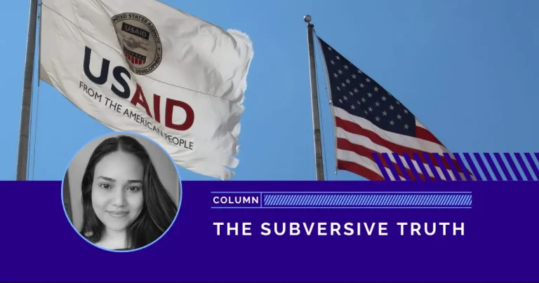 Flags of the USAID and the US (in the background) and the image of writer Andreína Chávez Alava (in front and below). Photo: Venezuelanalysis.com.