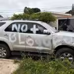 SUV painted with a caption that reads "No + Bloqueo [no more blockade]" presented by far-right politician María Corina Machado as evidence of an alleged "attempt against her," in Barquisimeto, Lara state, on Thursday, July 18, 2024. Photo: Vente Venezuela.
