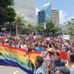 Part of the Pride Parade in Caracas passing by the Parque Cristal building in the east of Caracas, July 7, 2024. Photo: Curadas.com