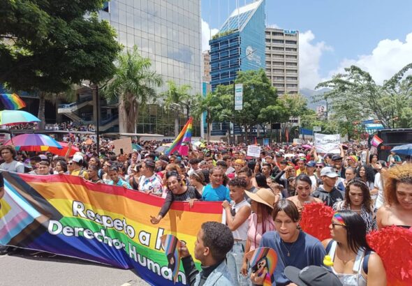 Part of the Pride Parade in Caracas passing by the Parque Cristal building in the east of Caracas, July 7, 2024. Photo: Curadas.com