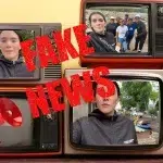 Photo composition showing Union Radio Network journalist Ariana Agreda on television screens with a "fake news" sign. Photo: RedRadioVE.