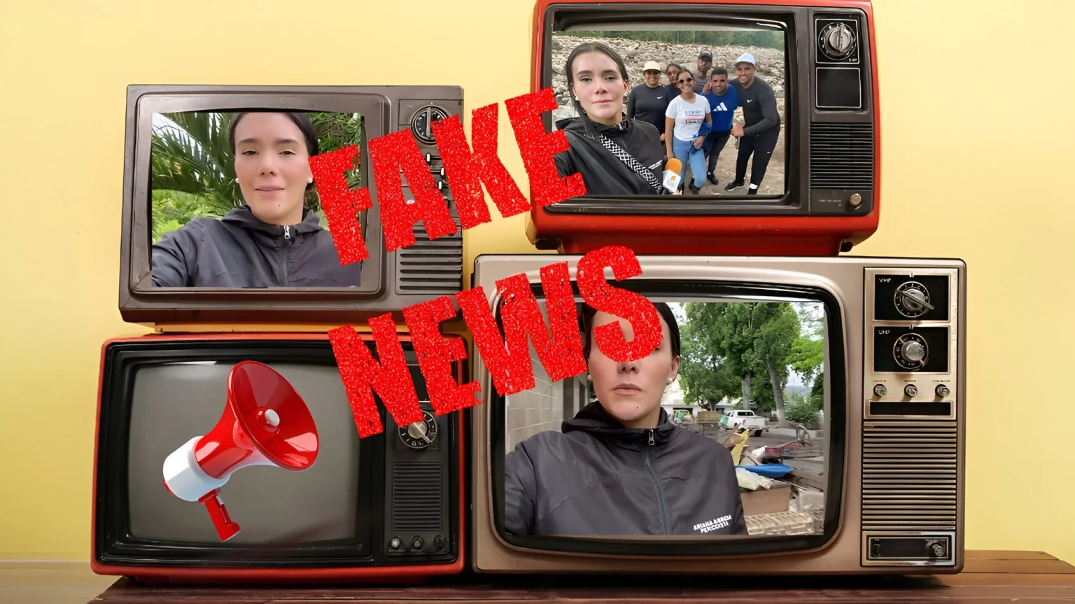 Photo composition showing Union Radio Network journalist Ariana Agreda on television screens with a "fake news" sign. Photo: RedRadioVE.