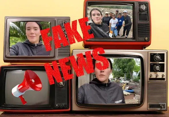 Photo composition showing Union Radio Network journalist Ariana Agreda on television screens with a "fake news" sign. Photo: RedRadioVE.