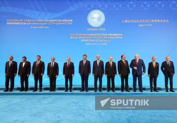 SCO Secretary-General Zhang Ming, Iranian Interim President Mohammad Mokhber, Kyrgyz President Sadyr Japarov, Pakistani Prime Minister Shehbaz Sharif, Uzbek President Shavkat Mirziyoyev, Chinese President Xi Jinping, Kazakh President Kassym-Jomart Tokayev, Russian President Vladimir Putin, Tajik President Emomali Rakhmon, Belarusian President Alexander Lukashenko, Indian Foreign Minister Subrahmanyam Jaishankar and Director of the SCO Regional Anti-Terrorist Structure (RATS) executive committee Ruslan Mirzayev attend a family photo opportunity during the Shanghai Cooperation Organisation (SCO) member states leaders' summit in Astana, Kazakhstan. Photo: Sputnik.