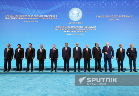 SCO Secretary-General Zhang Ming, Iranian Interim President Mohammad Mokhber, Kyrgyz President Sadyr Japarov, Pakistani Prime Minister Shehbaz Sharif, Uzbek President Shavkat Mirziyoyev, Chinese President Xi Jinping, Kazakh President Kassym-Jomart Tokayev, Russian President Vladimir Putin, Tajik President Emomali Rakhmon, Belarusian President Alexander Lukashenko, Indian Foreign Minister Subrahmanyam Jaishankar and Director of the SCO Regional Anti-Terrorist Structure (RATS) executive committee Ruslan Mirzayev attend a family photo opportunity during the Shanghai Cooperation Organisation (SCO) member states leaders' summit in Astana, Kazakhstan. Photo: Sputnik.