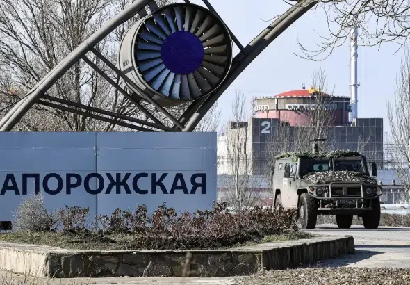 An armored vehicle leaves the territory of the Zaporozhye Nuclear Power Plant (ZNPP), accompanying the motorcade with IAEA Director General Raphael Grossi. Photo: Konstantin Mihalchevskiy/Sputnik/file photo.