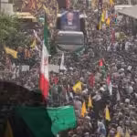 Photo composition showing a massive procession accompanying the remains of Hamas leader Ismail Haniyeh and a watermark of him (left). Photo: The Cradle.