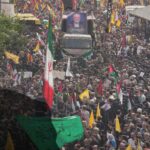 Photo composition showing a massive procession accompanying the remains of Hamas leader Ismail Haniyeh and a watermark of him (left). Photo: The Cradle.