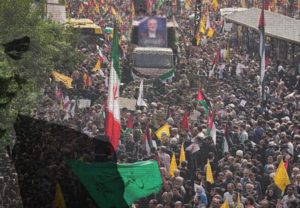 Photo composition showing a massive procession accompanying the remains of Hamas leader Ismail Haniyeh and a watermark of him (left). Photo: The Cradle.