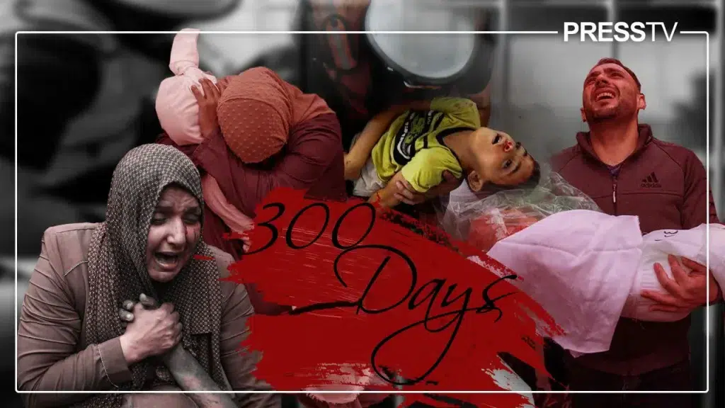 Photo composition showing Palestinians crying in despair next to the bodies of their love ones with a caption that reads "300 Days." Photo: PressTV.