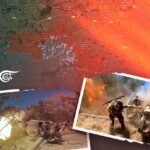 Compilation graphic showing photos of soldiers firing artillery over a backdrop of a map of the Russia-NATO conflict. Photo: Mahdi Rteil.