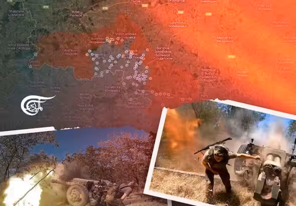 Compilation graphic showing photos of soldiers firing artillery over a backdrop of a map of the Russia-NATO conflict. Photo: Mahdi Rteil.