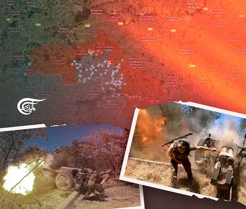 Compilation graphic showing photos of soldiers firing artillery over a backdrop of a map of the Russia-NATO conflict. Photo: Mahdi Rteil.